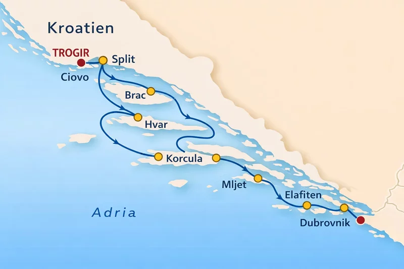 Kreuzfahrtroute entlang der kroatischen Küste.